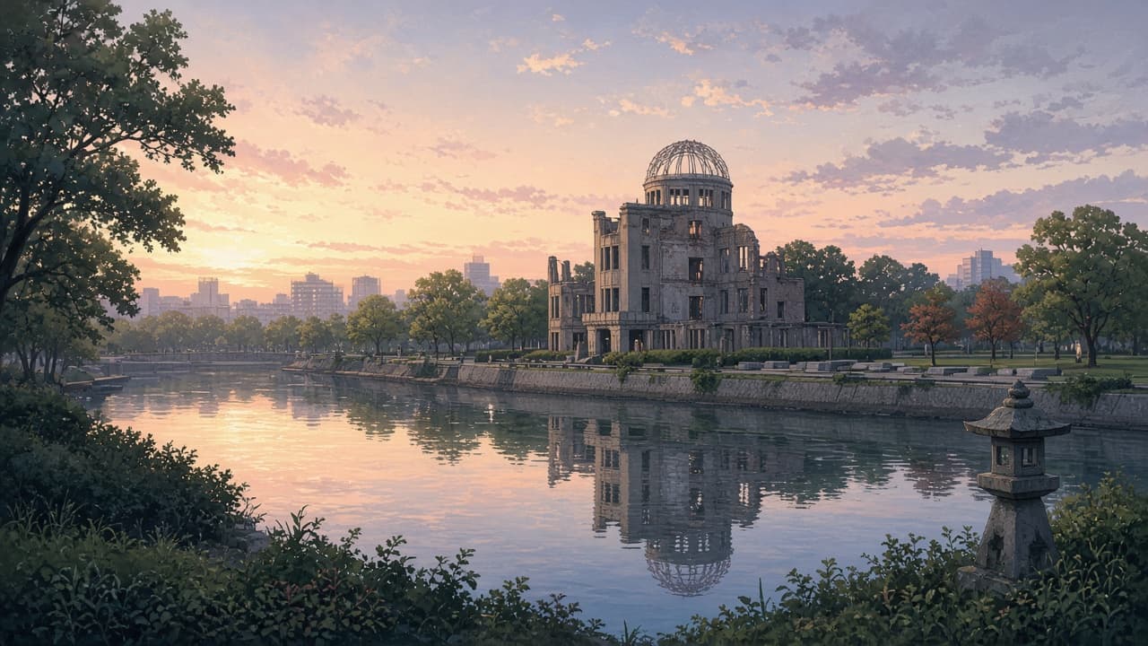Illustrative view of the preserved Genbaku Dome and the Hiroshima Peace Memorial Park