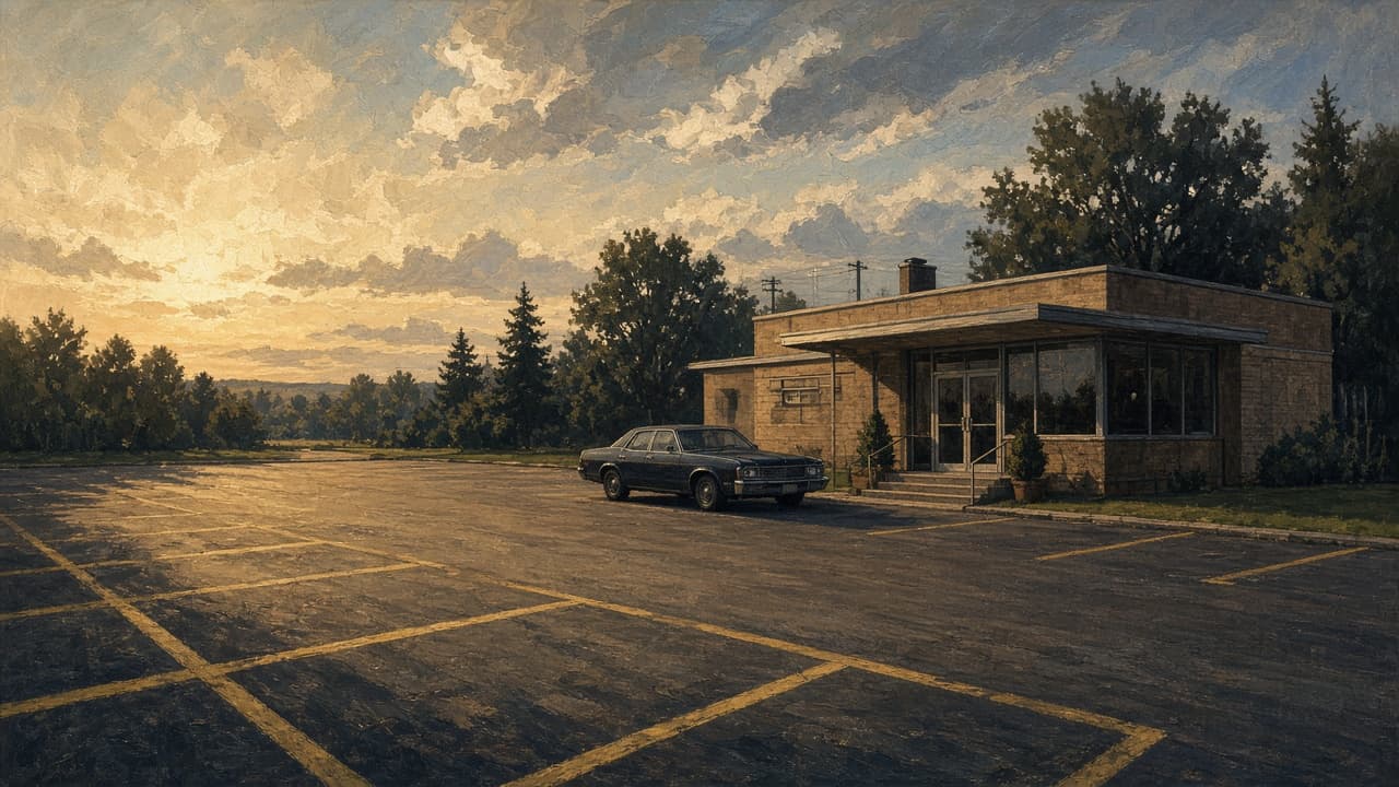Illustrative view of a suburban Detroit restaurant car park in 1975