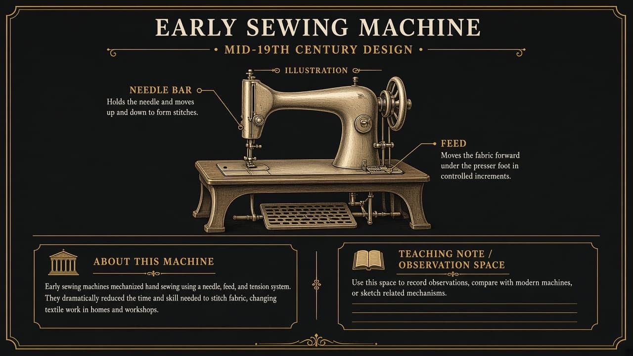 Educational diagram of an early lockstitch sewing machine