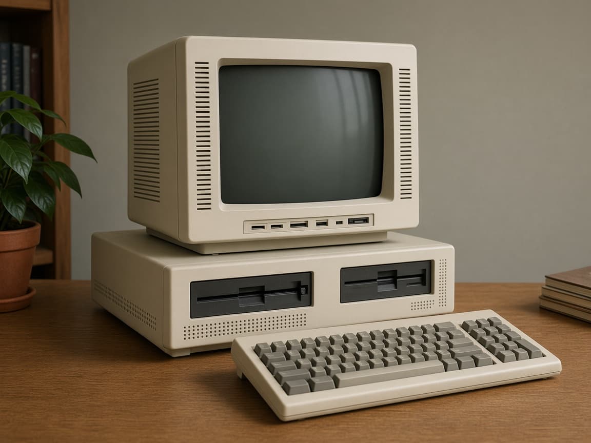 Illustrative beige IBM Personal Computer with CRT monitor and keyboard
