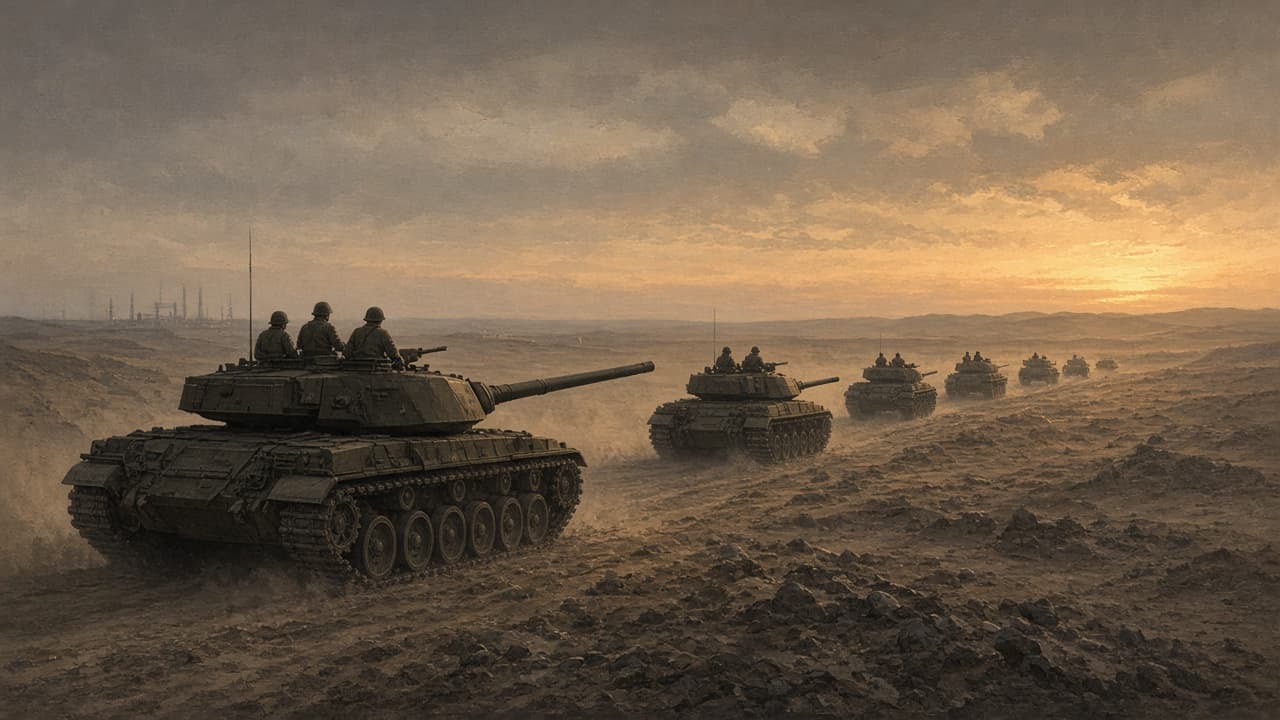 Illustrative view of armored columns advancing on a desert highway in August 1990