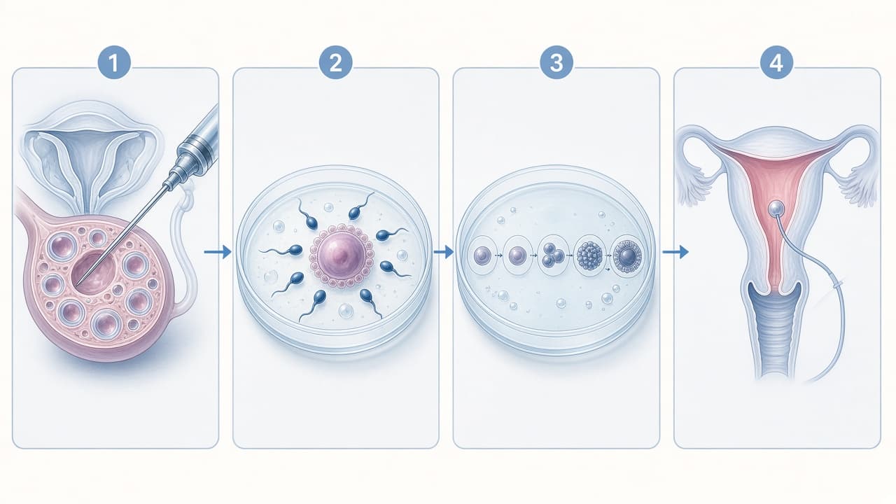 Educational diagram of the IVF process showing egg retrieval, fertilization in a dish, embryo culture and transfer to the uterus