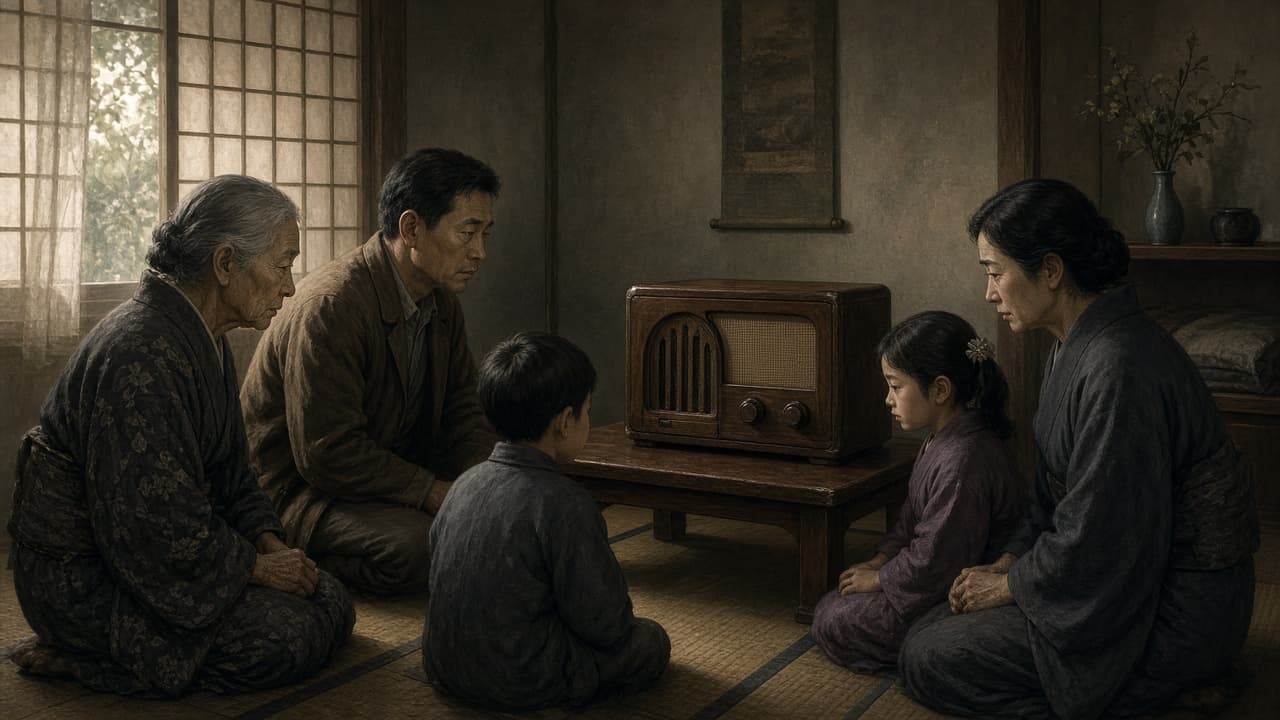 Illustrative 1940s radio broadcast scene announcing Japan's surrender