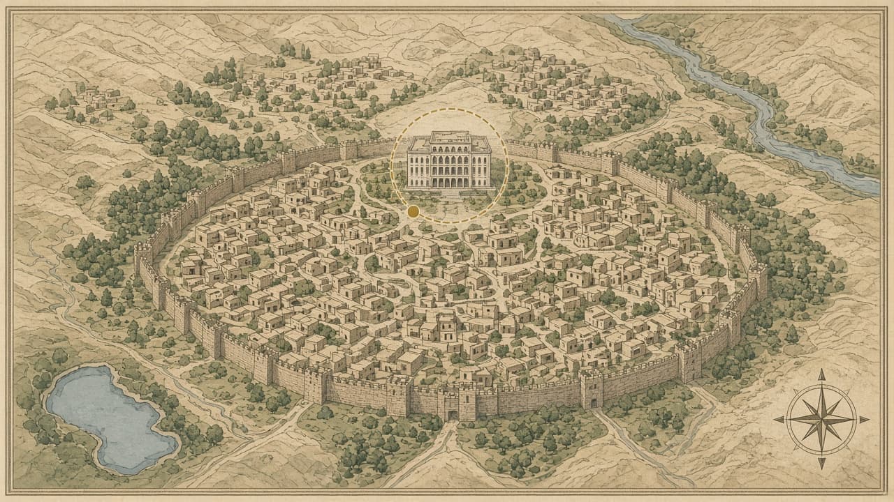 Educational map of central Jerusalem in 1946 showing the King David Hotel, the government secretariat wing and nearby British military and administrative buildings