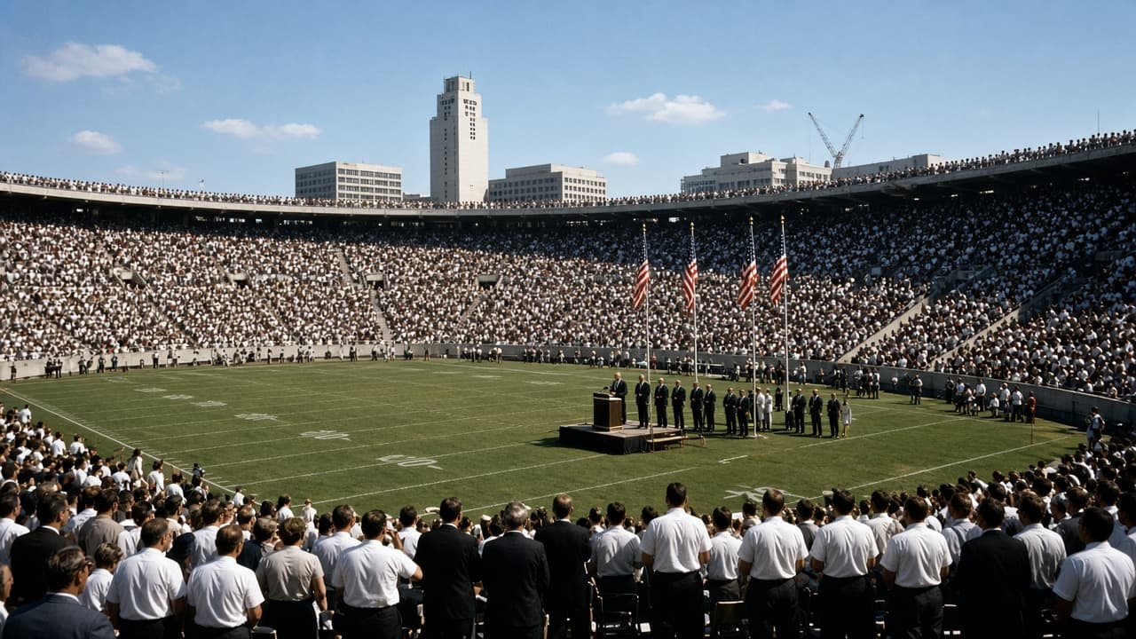Illustrative 1960s stadium crowd with a podium on the field