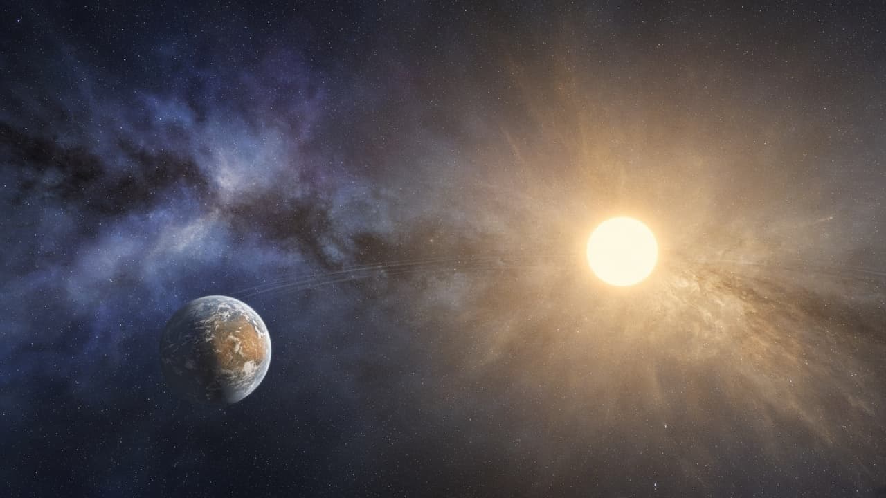 Illustrative view of a rocky exoplanet orbiting a Sun-like star