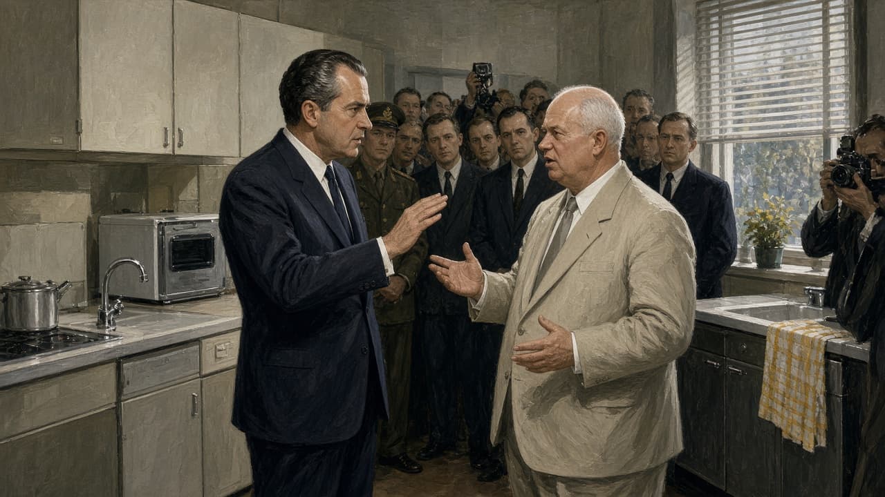 Illustrative view of two statesmen arguing in front of a model American kitchen at a Moscow exhibition in 1959