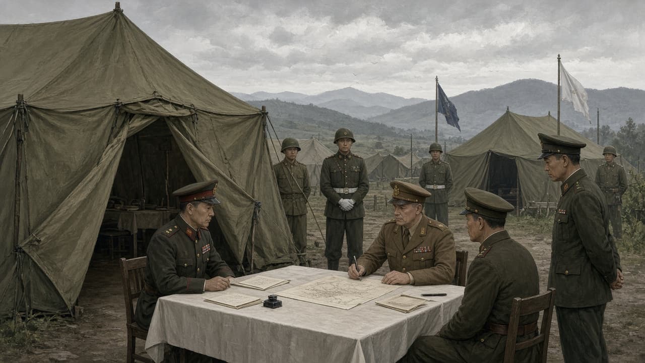 Illustrative scene of the 1953 armistice signing at the wooden hall built at Panmunjom