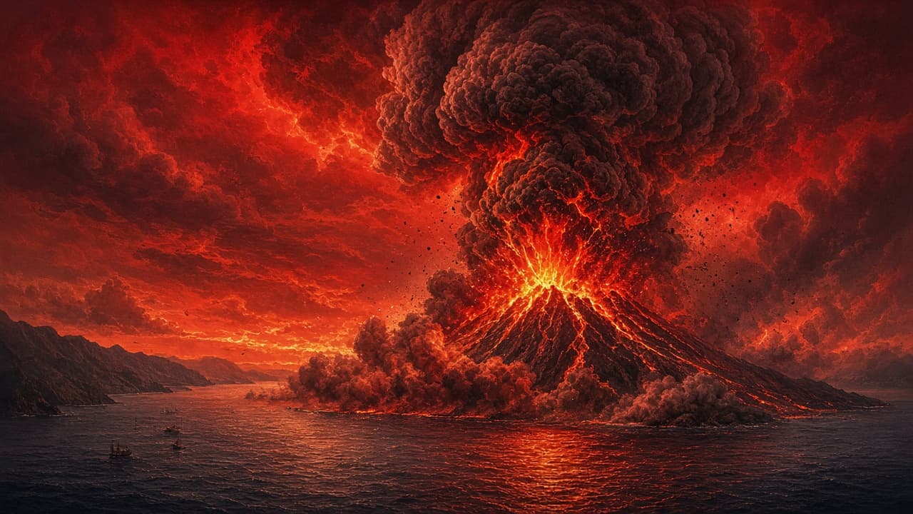 Illustrative catastrophic eruption of Krakatoa with ash column and sea waves