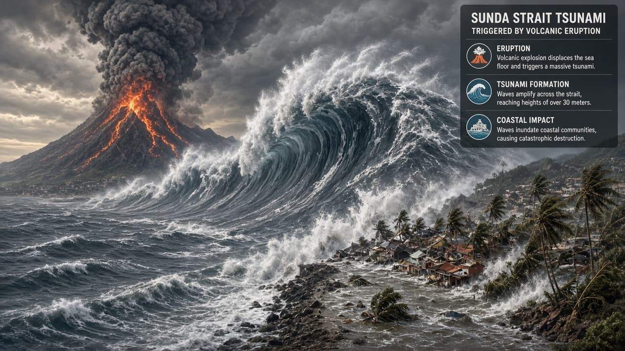 Illustrative Krakatoa tsunami hitting coast