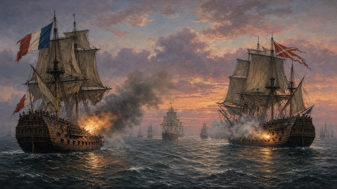 Illustrative view of sailing warships in battle on a lake