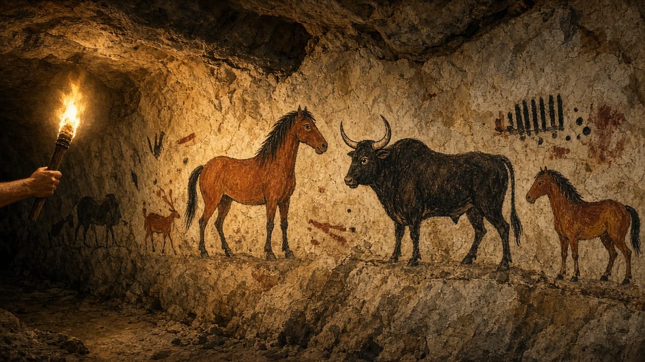 Illustrative prehistoric cave paintings of animals on stone walls