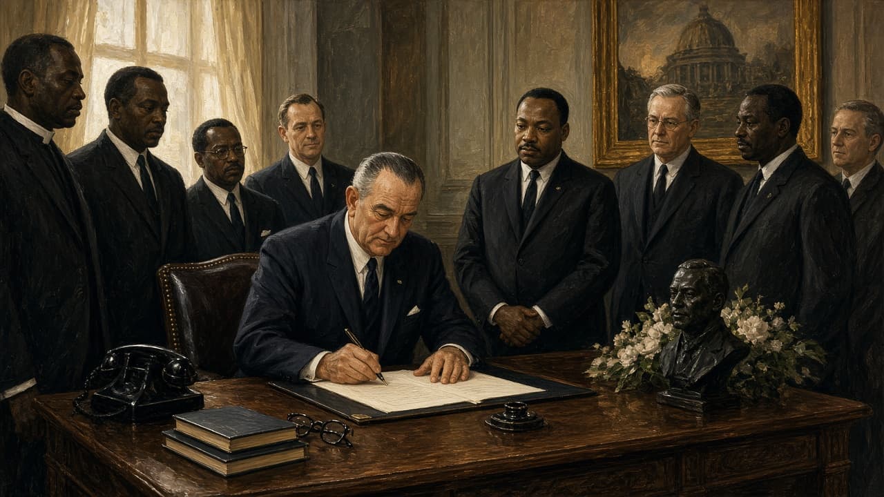 Illustrative view of President Lyndon Johnson signing the Voting Rights Act at the Capitol in August 1965