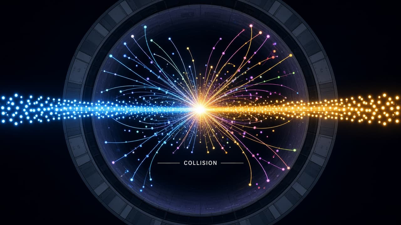Educational illustration of two particle beams colliding
