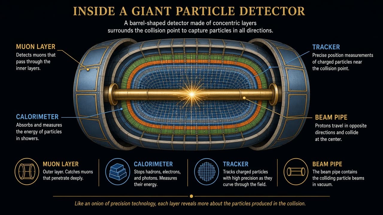 Educational cutaway of a layered particle detector