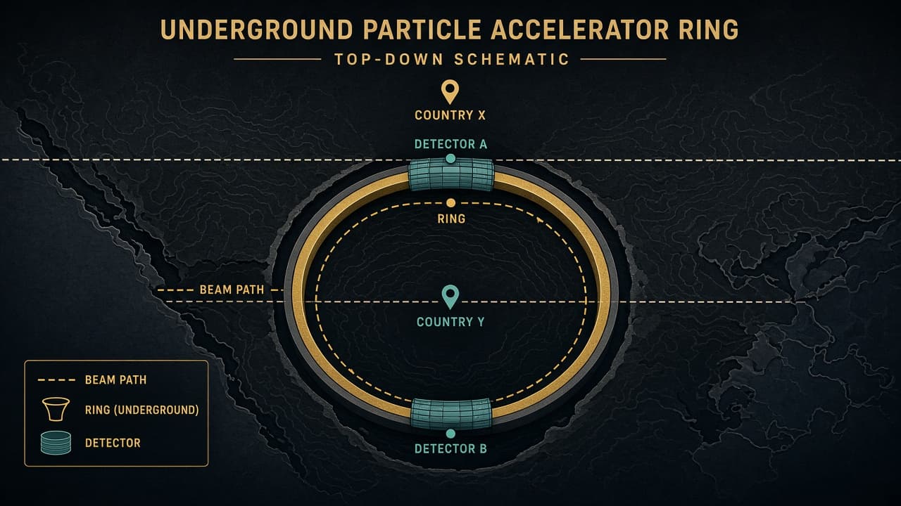 Educational diagram of the LHC ring with beam path and detectors