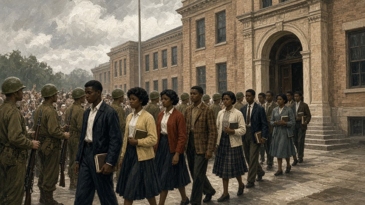 Illustrative scene of the Little Rock Nine confronting segregation at Central High