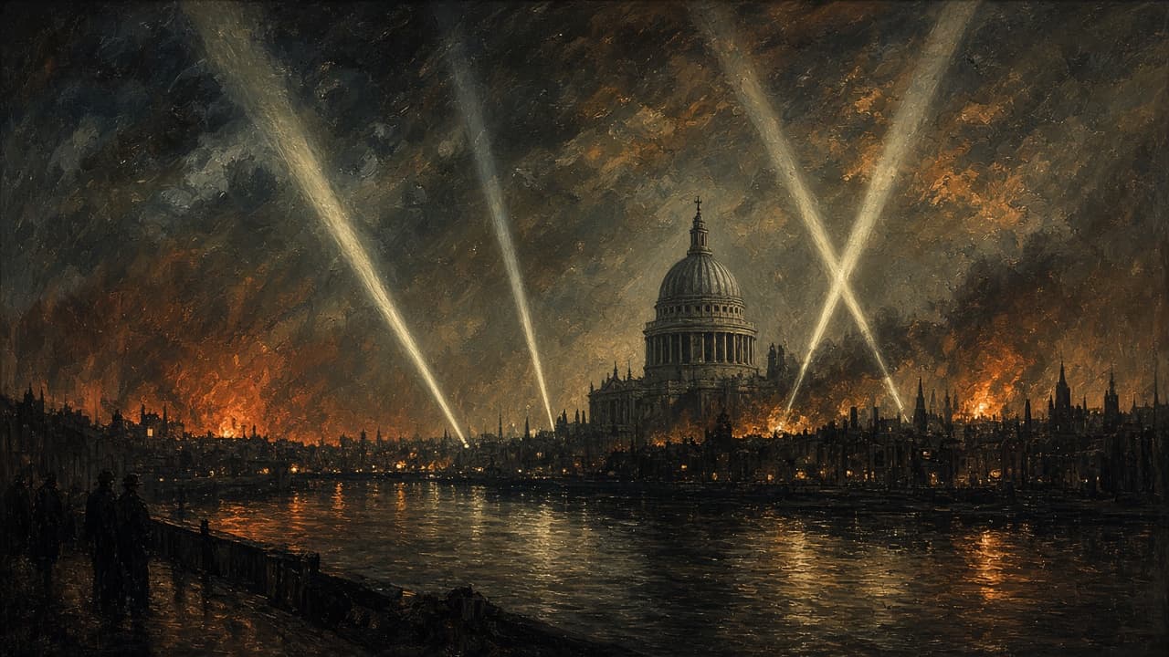 Illustrative view of London under wartime blackout and anti-aircraft searchlights during the Blitz