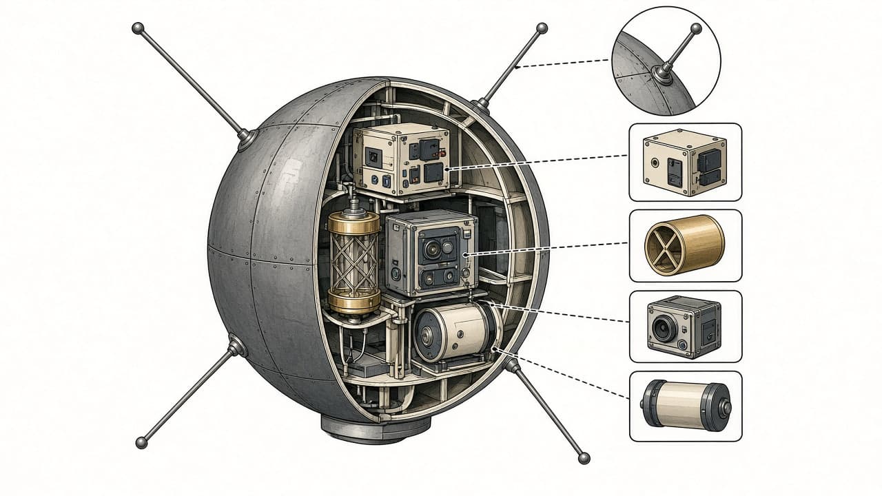 Educational cutaway of an early spherical lunar probe with antennas