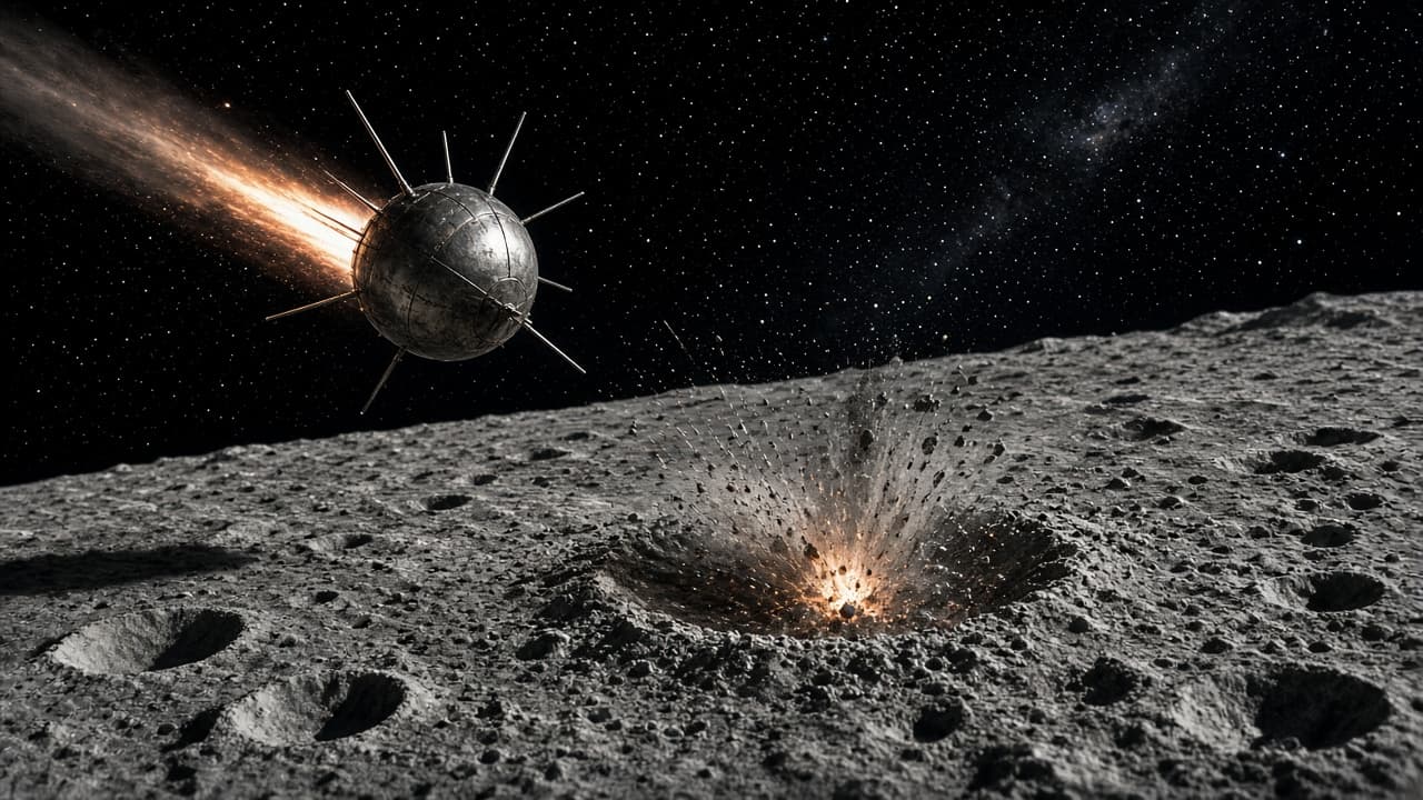 Illustrative view of a 1950s lunar probe approaching the Moon