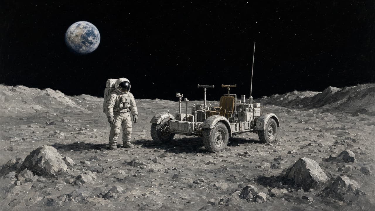 Illustrative view of the Apollo lunar roving vehicle parked on the Moon beside astronaut tracks