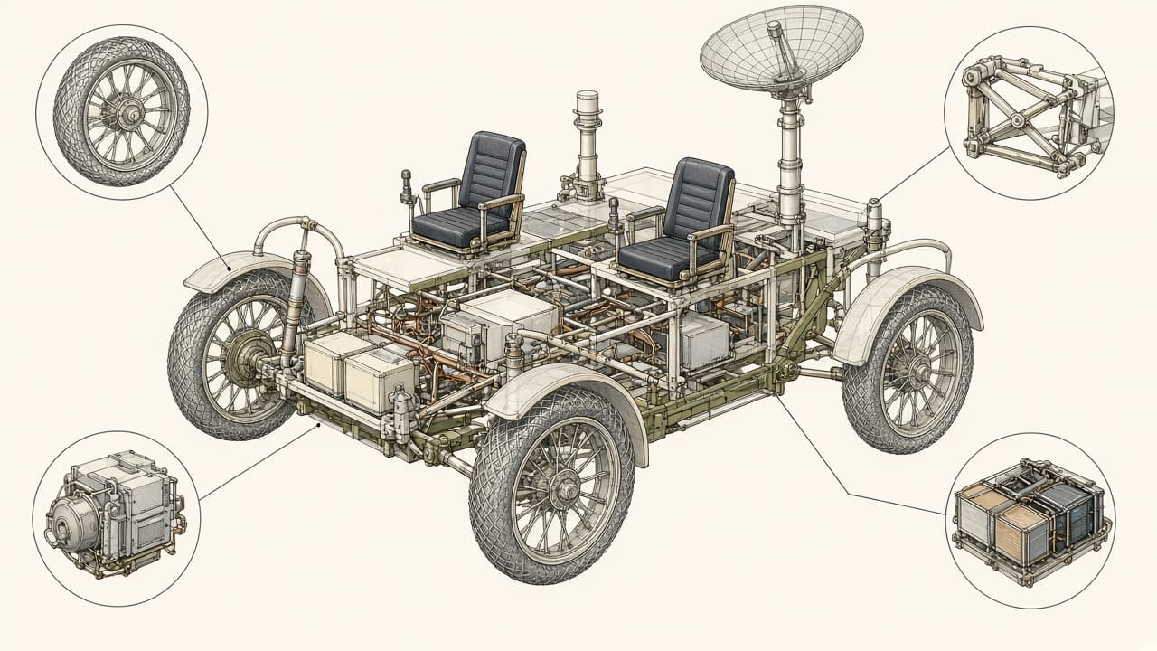 Educational cutaway diagram of the Apollo lunar roving vehicle showing wheel motors, batteries and navigation unit