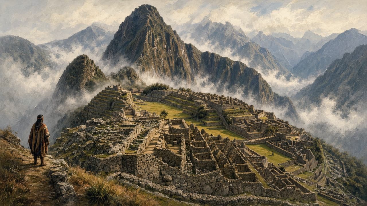 Educational view of Machu Picchu showing agricultural terraces, fitted stone walls and the Huayna Picchu peak
