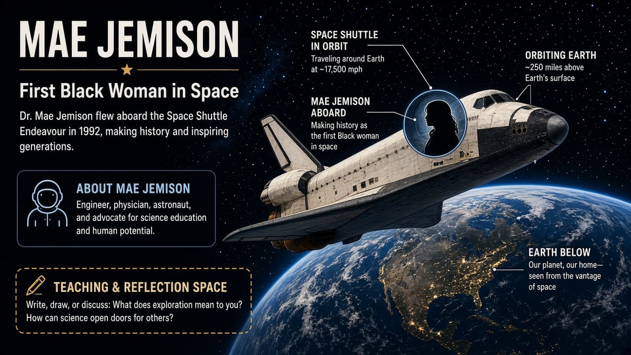 Educational illustration of a space shuttle in orbit above Earth