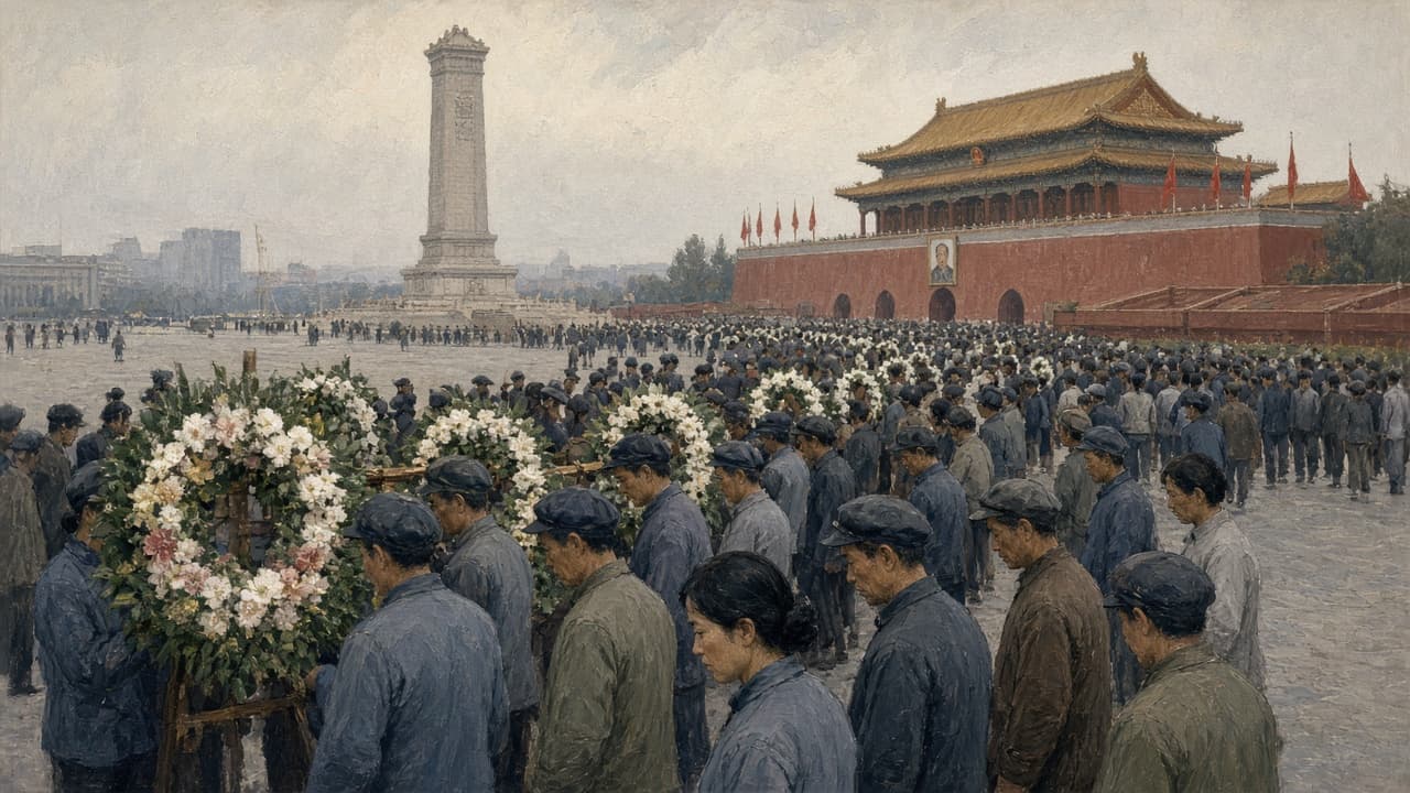 Illustrative view of public mourning in Beijing after Mao Zedong's death in 1976