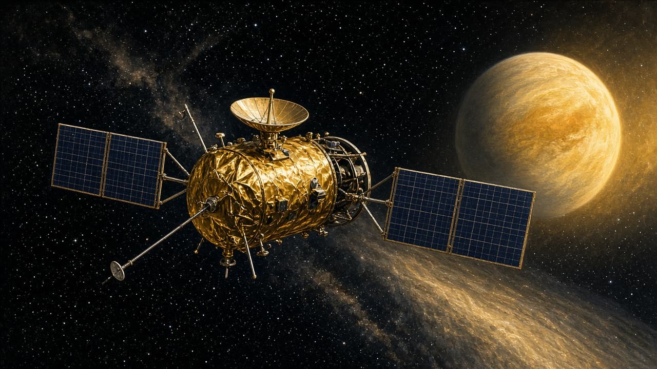 Illustrative Mariner 2 spacecraft with solar panels and dish antenna