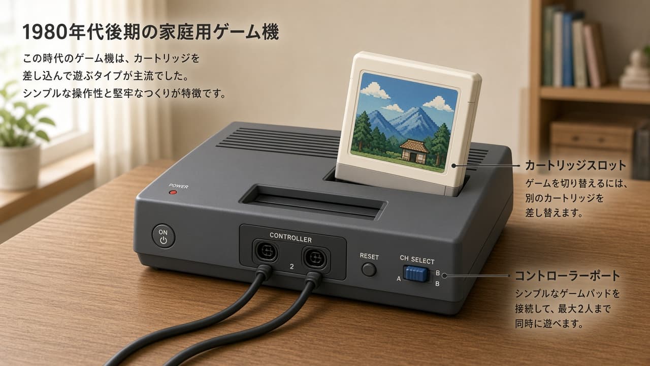 Illustrative Famicom console with a game cartridge and controllers