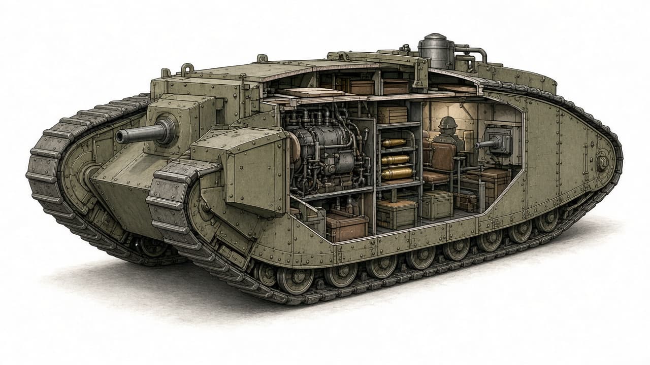 Educational labeled view of a British Mark I tank
