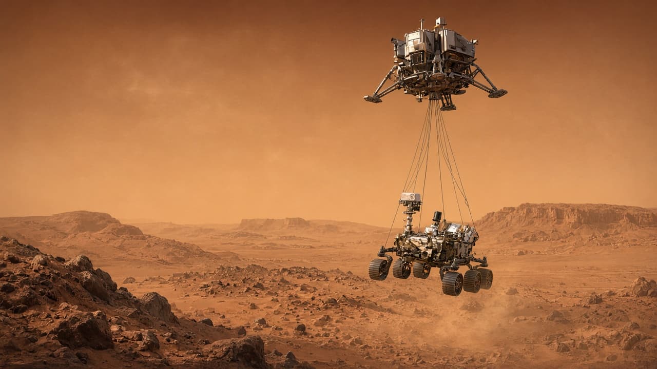 Educational diagram of the Mars 2020 mission from launch through cruise, entry, descent and landing in Jezero Crater
