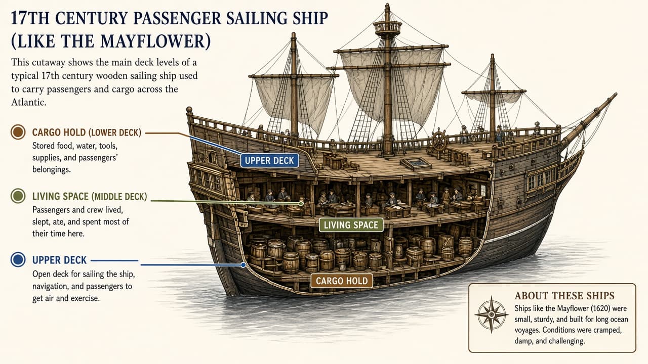 Educational cutaway of a 17th-century passenger sailing ship