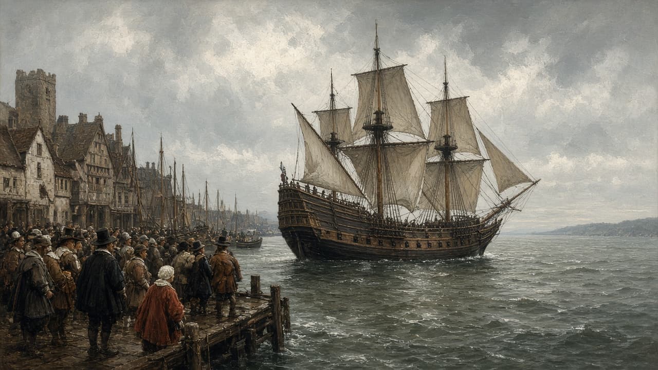 Illustrative view of the Mayflower departing an English harbor