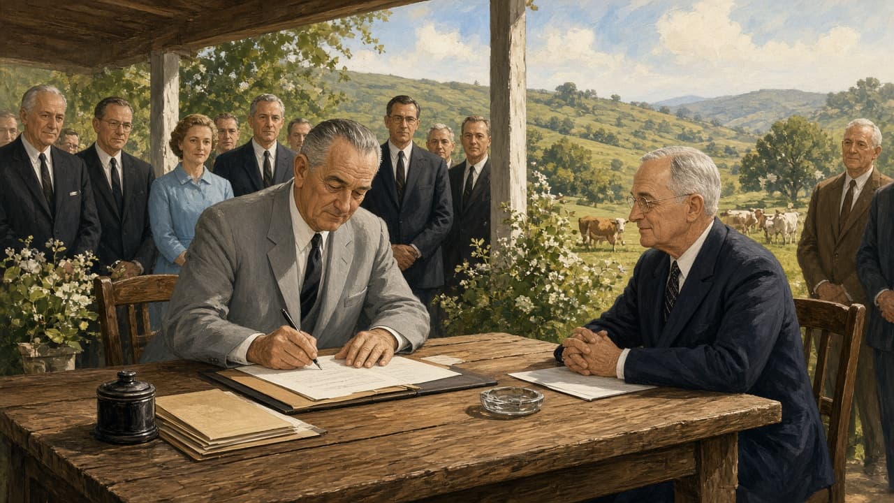 Illustrative view of the 1965 signing ceremony creating Medicare and Medicaid
