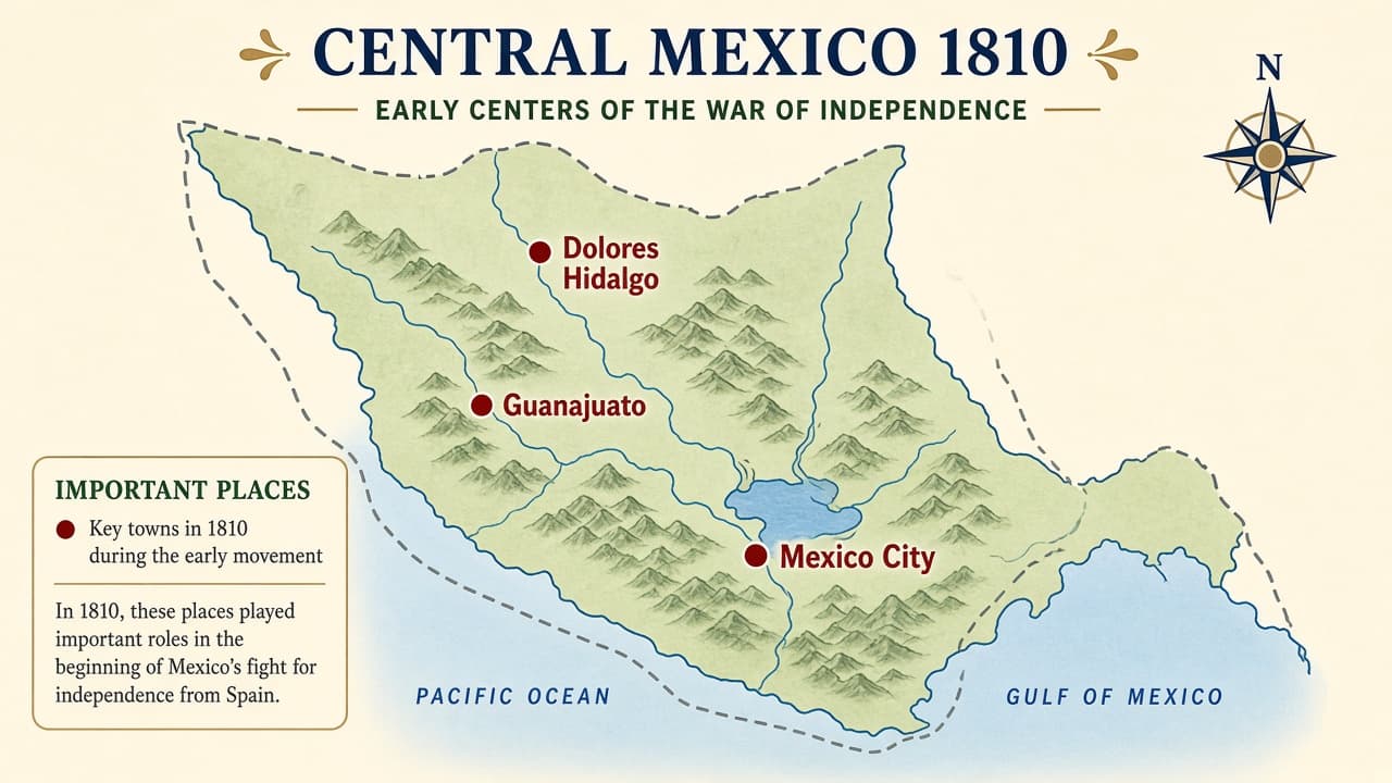 Educational map of Dolores Hidalgo, Guanajuato and Mexico City in the 1810 campaign