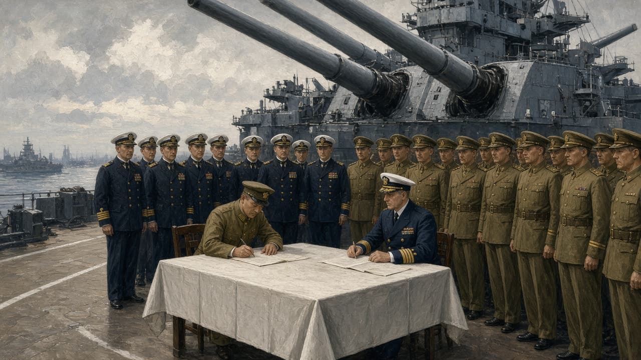 Illustrative deck ceremony of Japan's surrender aboard USS Missouri