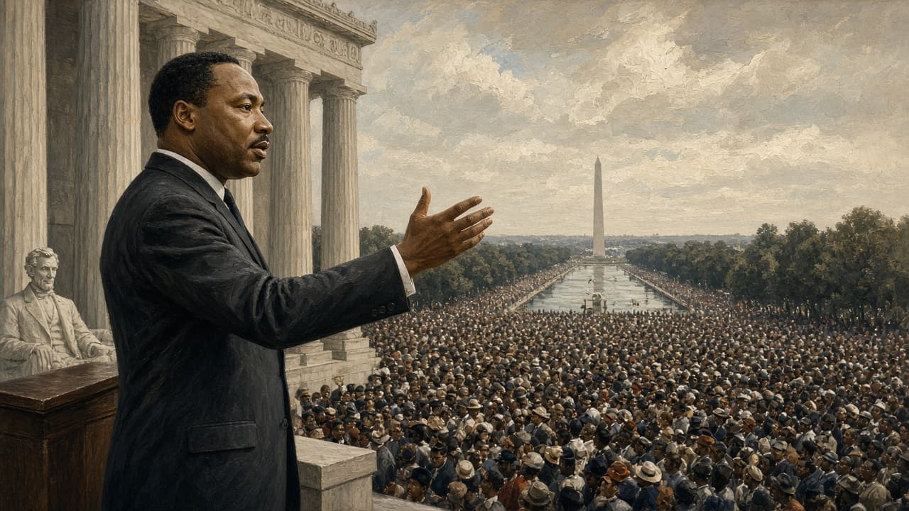 Illustrative view of the Lincoln Memorial and crowd during the 1963 March on Washington