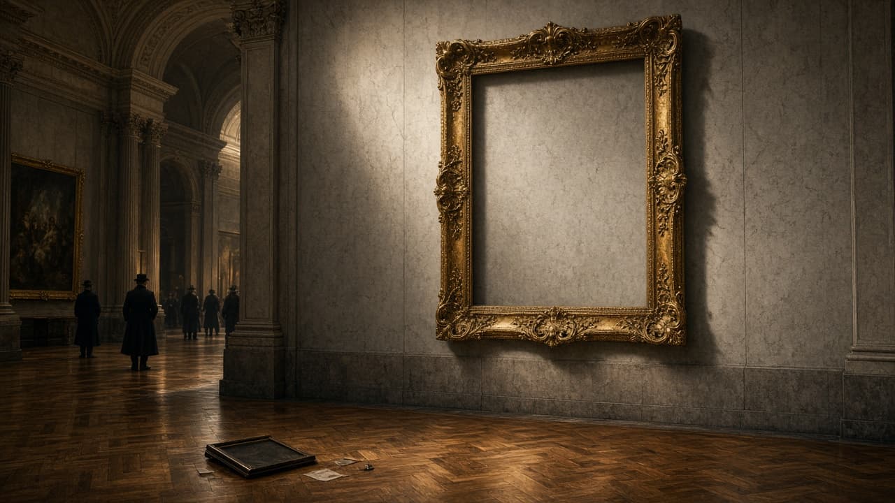 Illustrative empty ornate frame where the Mona Lisa hung