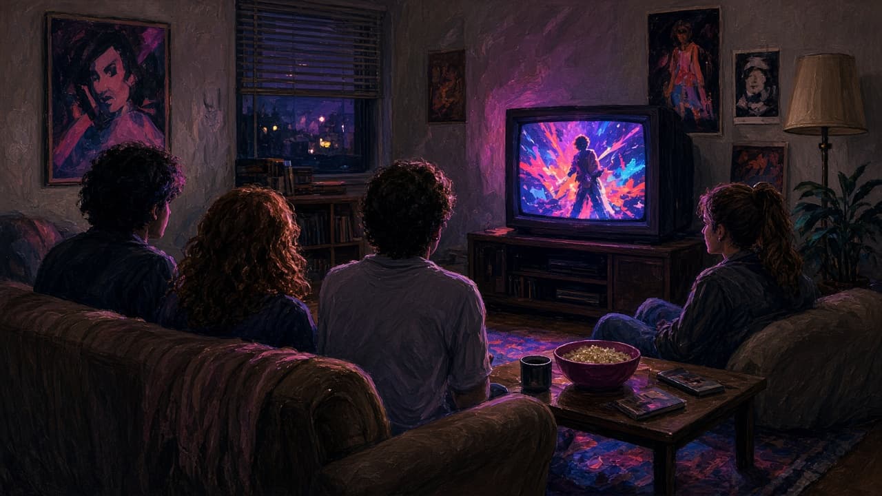 Illustrative view of an early 1980s television control room at the launch of a music video channel