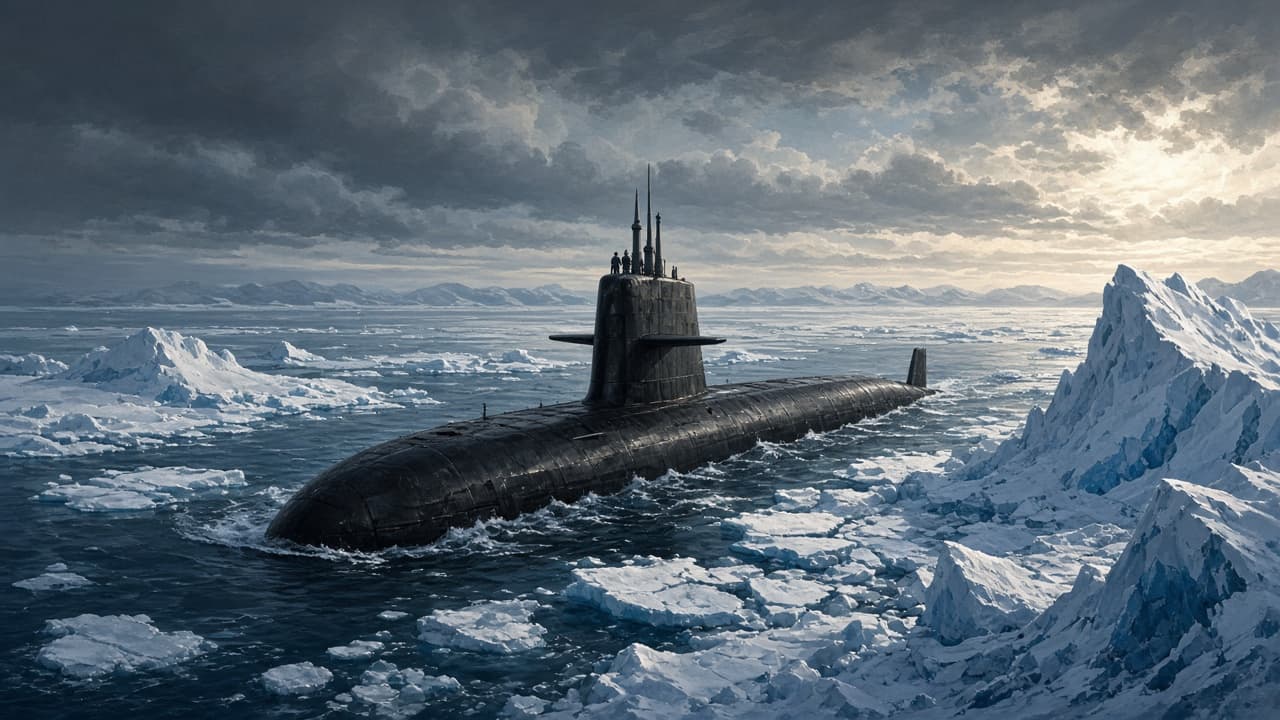 Illustrative view of a nuclear submarine running beneath Arctic pack ice
