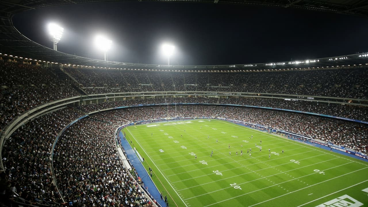 Packed Melbourne stadium under lights for a night sports event