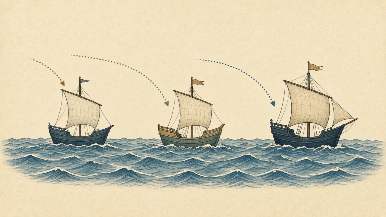 Illustrative view of the Nina, Pinta and Santa Maria under sail