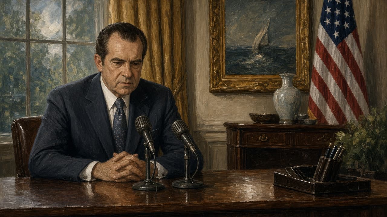 Illustrative view of a president addressing the nation from the Oval Office desk in 1974