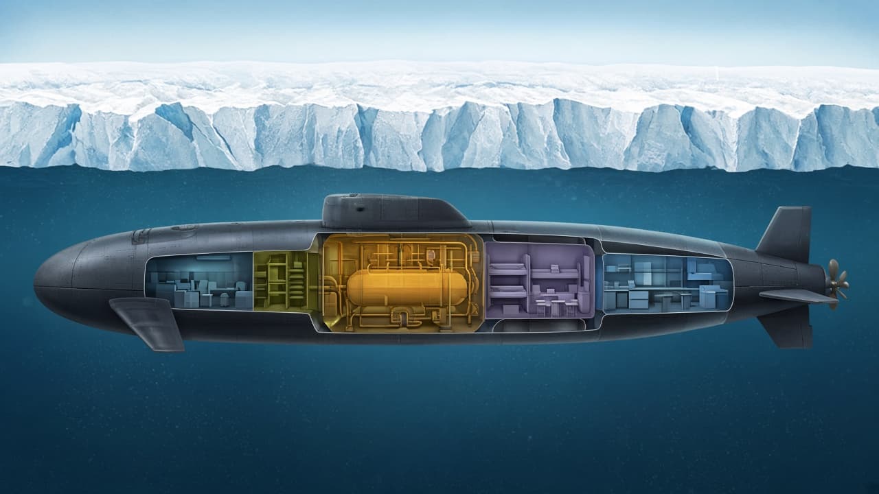 Educational cutaway of an early nuclear submarine showing reactor, steam turbines, control room and sonar