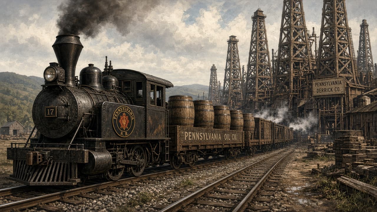 Illustrative early oil barrels on rail
