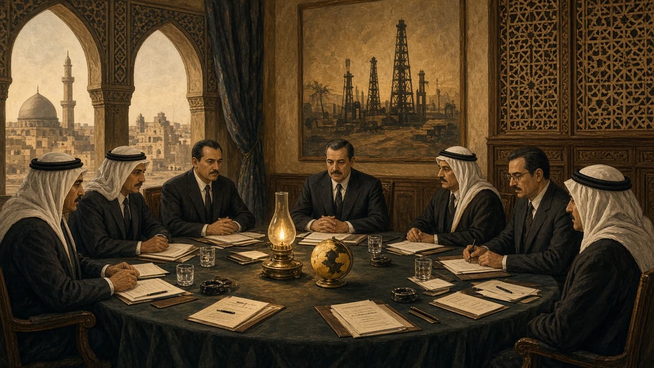 Illustrative conference table scene for the 1960 founding of OPEC in Baghdad