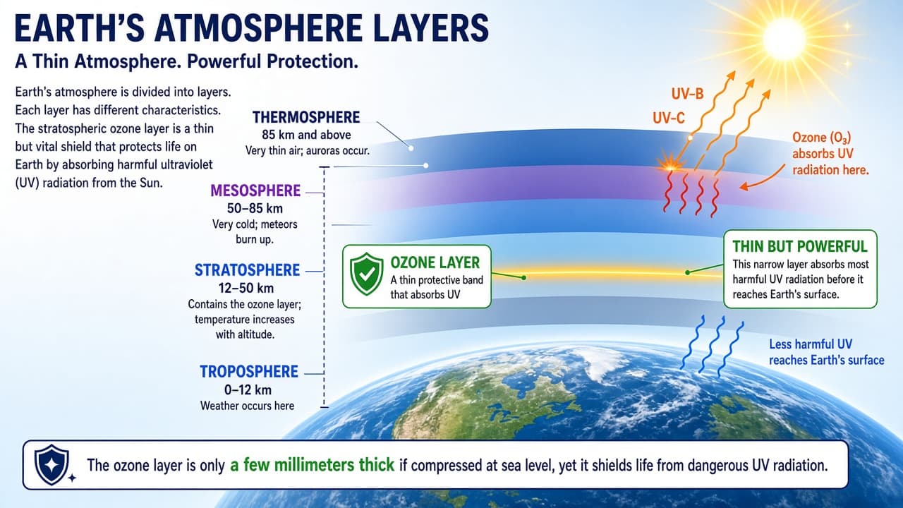 Educational diagram of Earth's ozone layer in the stratosphere