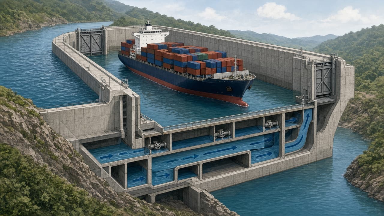 Illustrative ship rising between Panama Canal lock gates